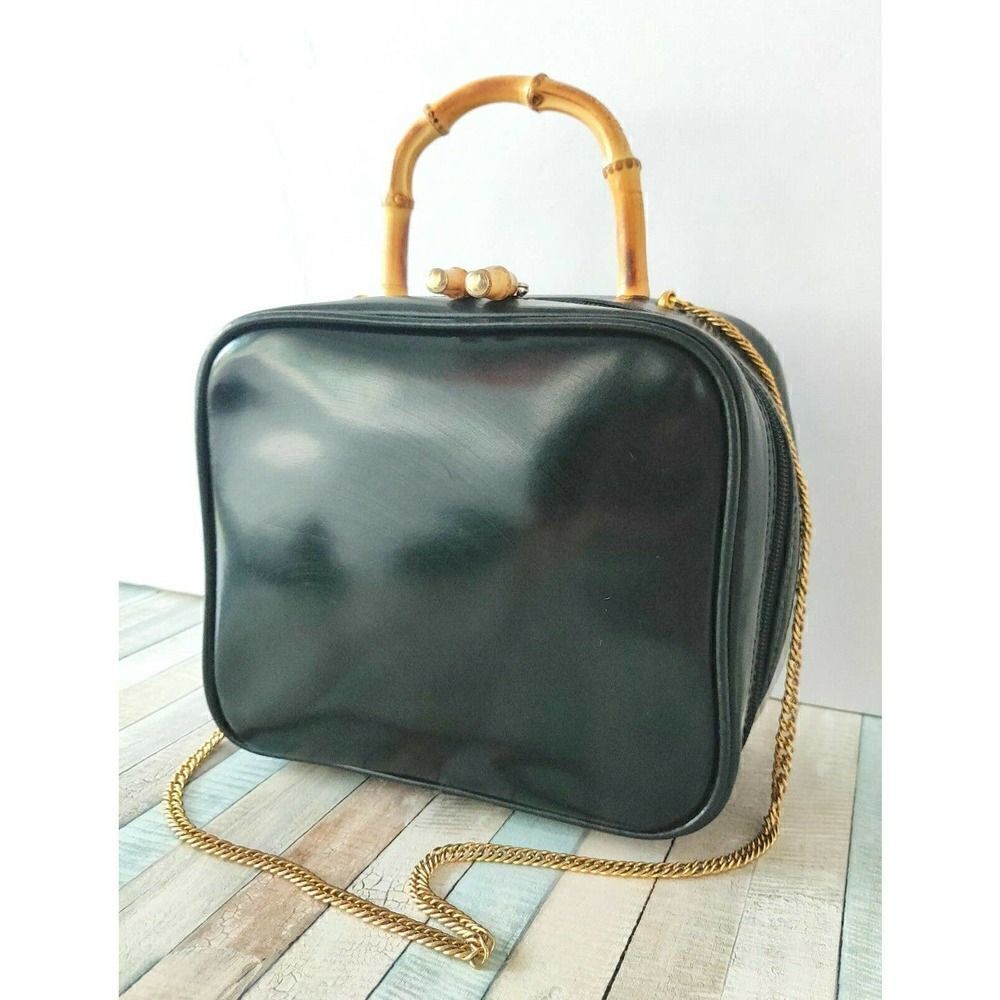 VTG CARLA MANCINI BLACK GENUINE LEATHER BAMBOO DECOR CHAIN STRAP SHOULDER BAG - Picture 2 of 12